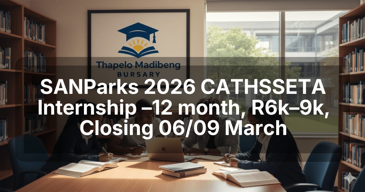 SANParks 2026 CATHSSETA Internship –12 month, R6k–9k, Closing 06/09 March